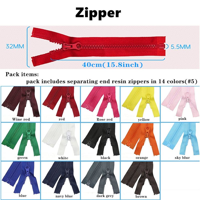 Wonesifee Zippers Colorful Resin Zippers set #5 Plastic Zippers Pull Separating Zippers for Clothes DIY Coat Handbags Sewing Garment Craft Bags Mixed 14 Colors Resin Zippers (40cm) 16inch - Image 3